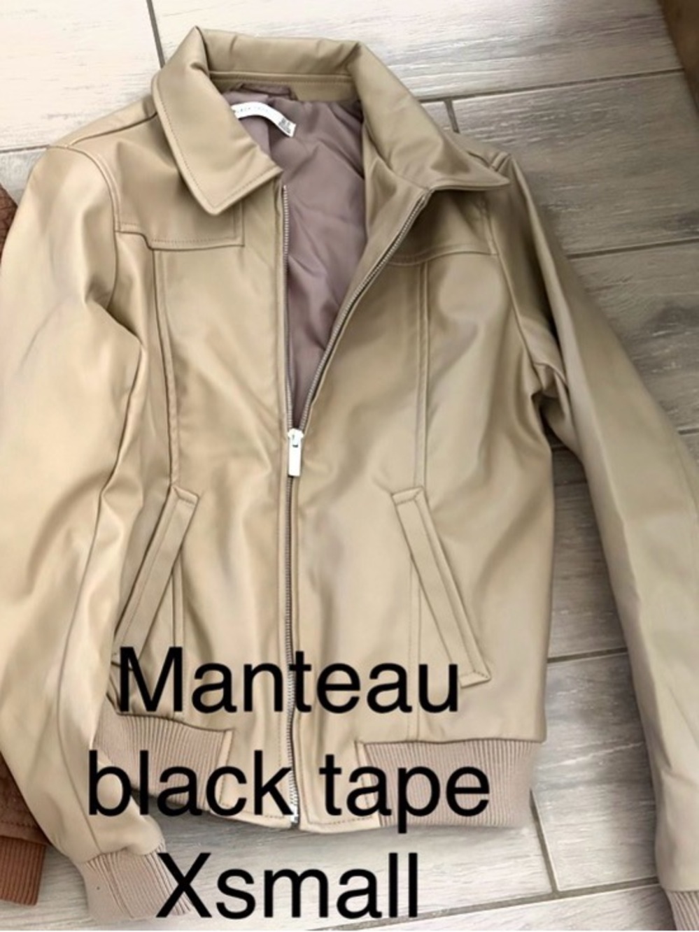 Black Tape_ Women's Beige Faux Leather Bomber Jacket